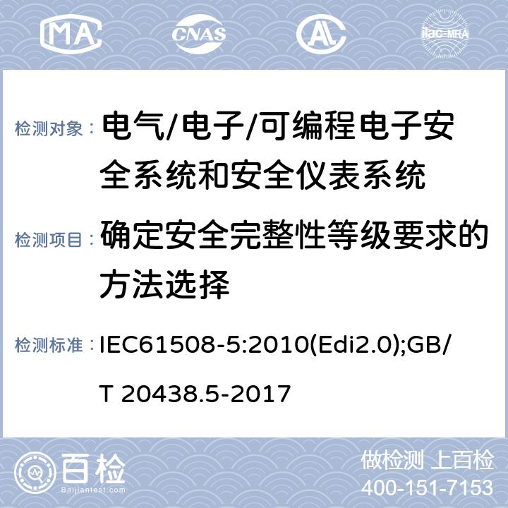 确定安全完整性等级要求的方法选择 电气/电子/可编程电子安全相关系统的功能安全-第5部分:确定安全完整性等级的方法示例 IEC61508-5:2010(Edi2.0);GB/T 20438.5-2017 附录B