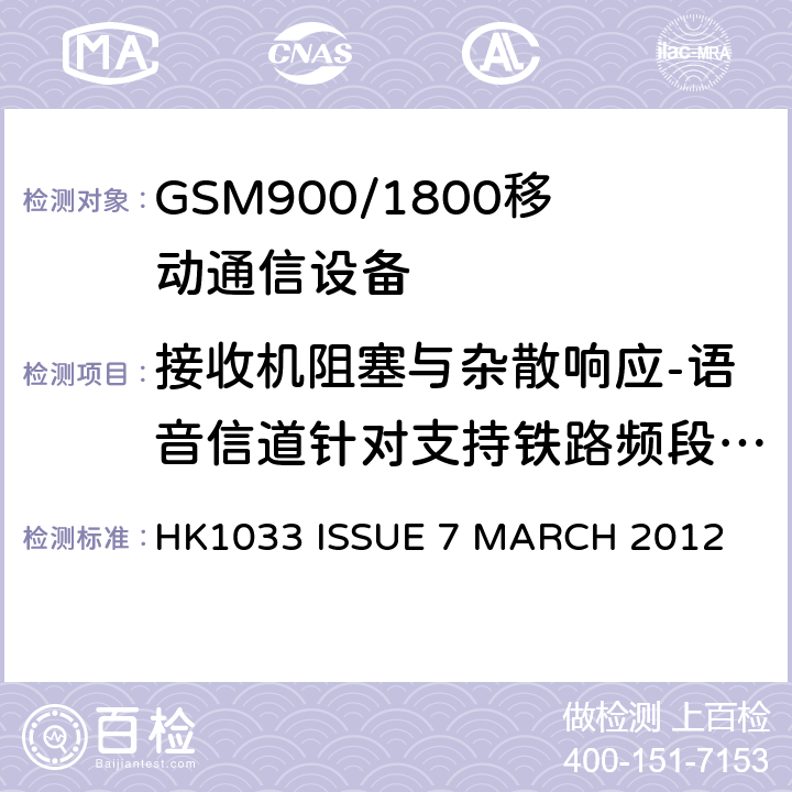 接收机阻塞与杂散响应-语音信道针对支持铁路频段的移动基站 GSM900/1800移动通信设备的技术要求公共流动无线电话服务 HK1033 ISSUE 7 MARCH 2012