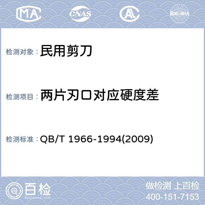 两片刃口对应硬度差 民用剪刀 QB/T 1966-1994(2009) 5.1