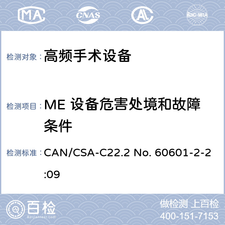 ME 设备危害处境和故障条件 医用电气设备 第2-2部分：高频手术设备和高频手术设备附件的基本性能与基本安全专用要求 CAN/CSA-C22.2 No. 60601-2-2:09 201.13