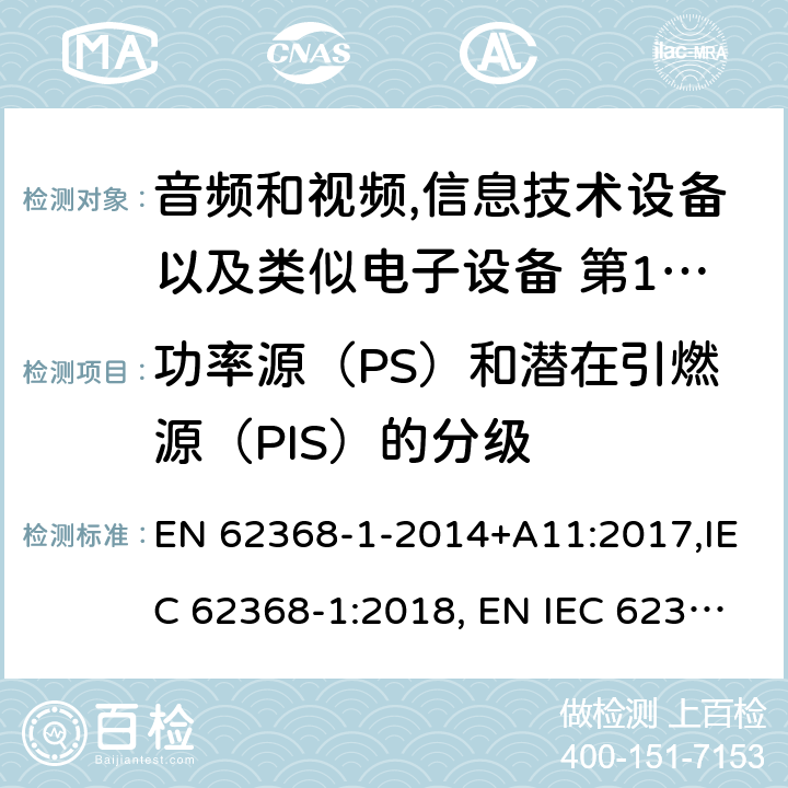 功率源（PS）和潜在引燃源（PIS）的分级 音频和视频,信息技术设备以及类似电子设备 第1部分:通用要求 EN 62368-1-2014+A11:2017,IEC 62368-1:2018, EN IEC 62368‑1:2020,EN IEC 62368‑1:2020+A11:2020,BS EN IEC 62368-1:2020+A11:2020；
AS/NZS 62368.1:2018 6.2