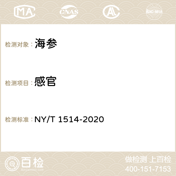 感官 NY/T 1514-2020 绿色食品 海参及制品