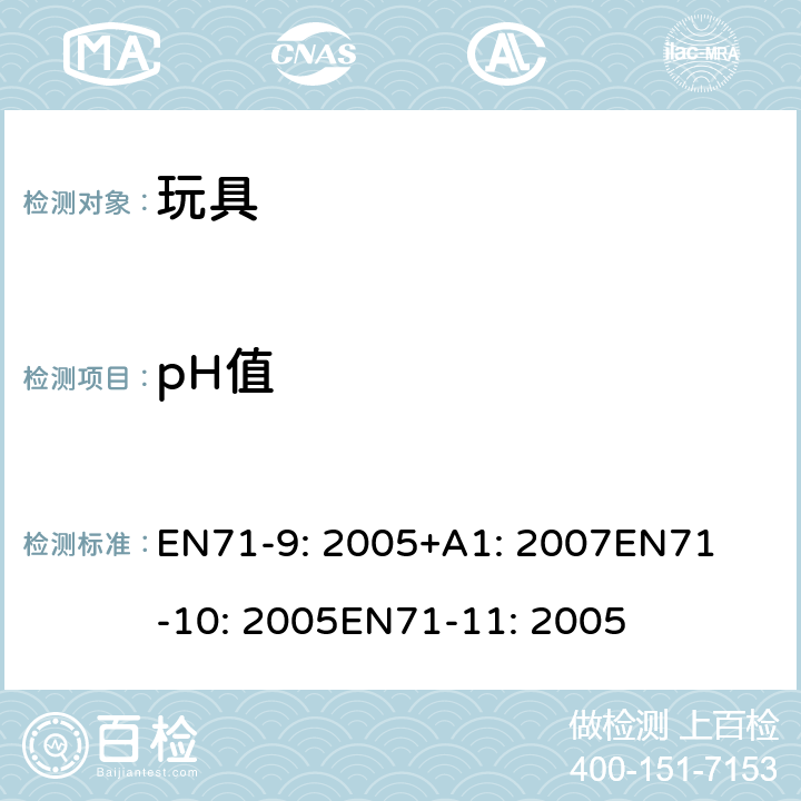 pH值 欧洲玩具安全标准 第9部分 有机化合物的要求 欧洲玩具安全标准 第10部分 有机化合物的样品准备和提取欧洲玩具安全标准 第11部分 有机化合物的分析方法 EN71-9: 2005+A1: 2007

EN71-10: 2005

EN71-11: 2005