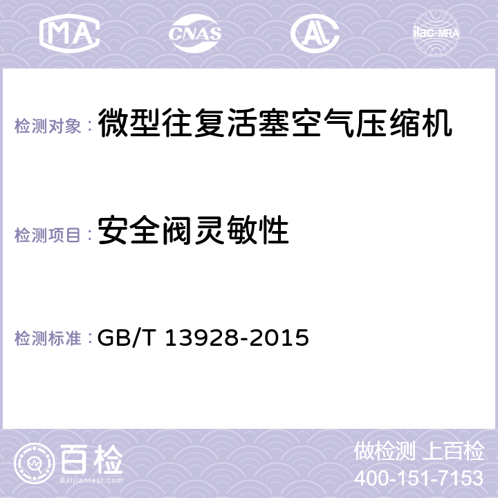 安全阀灵敏性 微型往复活塞空气压缩机 GB/T 13928-2015 5.14