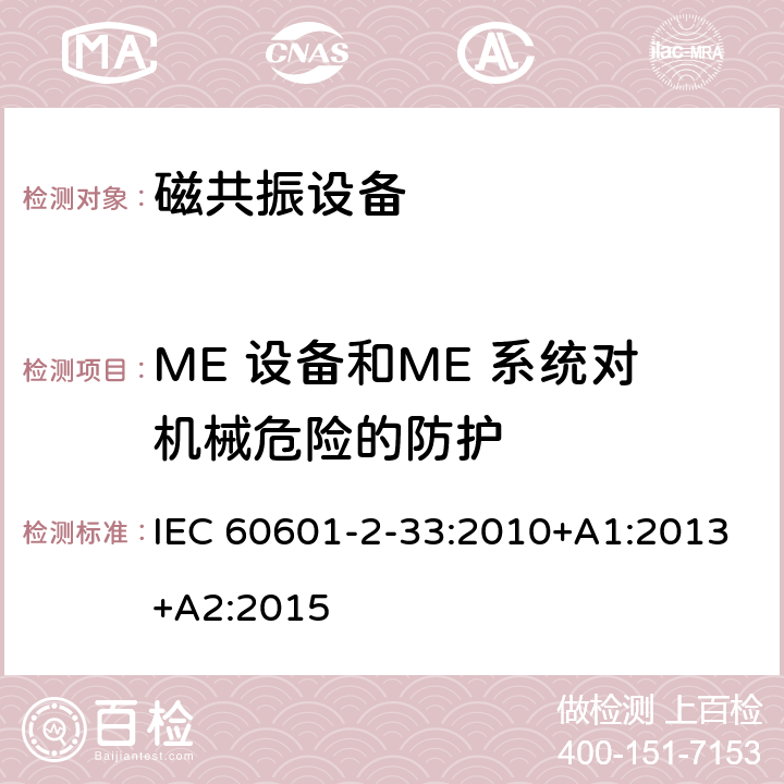 ME 设备和ME 系统对机械危险的防护 医用电气设备第2-33部分： 医疗诊断用磁共振设备安全专用要求 IEC 60601-2-33:2010+A1:2013+A2:2015 201.9