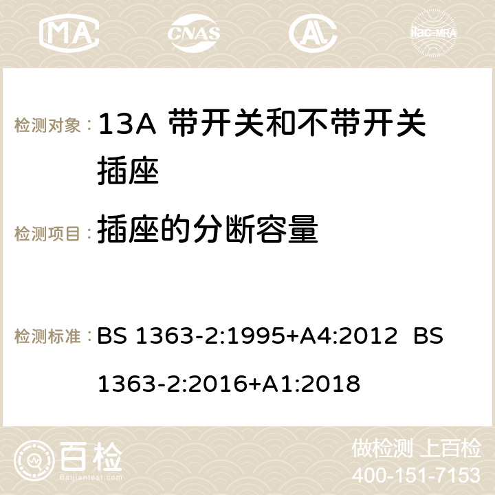 插座的分断容量 13A插头，插座，转换器和连接器 第2部分：13A带开关和不带开关插座规范 BS 1363-2:1995+A4:2012 BS 1363-2:2016+A1:2018 17