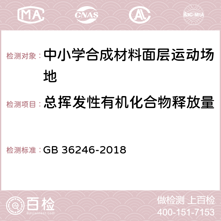 总挥发性有机化合物释放量 中小学合成材料面层运动场地 GB 36246-2018 5.6/6.13、附录I(ISO 16000-6)