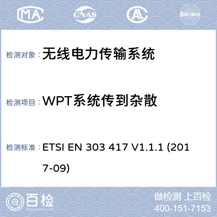 WPT系统传到杂散 无线电力传输系统, 使用的除了射频以外的技术工作频率在19 - 21 kHz, 59 - 61 kHz, 79 - 90 kHz, 100 - 300 kHz, 6 765 - 6 795 kHz范围; 涵盖2014/53/EU指令第3.2条基本要求的协调标准 ETSI EN 303 417 V1.1.1 (2017-09) 4.3.7