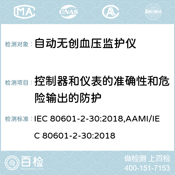 控制器和仪表的准确性和危险输出的防护 医用电气设备 第2-30部分：自动无创血压监护仪基本安全与基本性能专用要求 IEC 80601-2-30:2018,AAMI/IEC 80601-2-30:2018 201.12