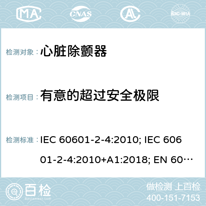 有意的超过安全极限 医用电气设备 第2-4部分:心脏除颤器的安全专用要求 IEC 60601-2-4:2010; IEC 60601-2-4:2010+A1:2018; EN 60601-2-4:2011; EN 60601-2-4:2011+A1:2019 201.12.4.1