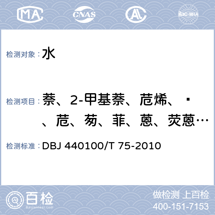 萘、2-甲基萘、苊烯、䓛、苊、茐、菲、蒽、荧蒽、芘、苯并[a]蒽、苯并[b]荧蒽、苯并[k]荧蒽、苯并[a]芘、茚并[1,2,3-cd]芘、苯并[g,h,i]苝、二苯并[a,h]蒽、苯胺 水质 半挥发性有机污染物（SVOCs） 的测定 液液萃取-气相色谱/质谱分析法 DBJ 440100/T 75-2010