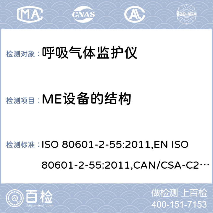 ME设备的结构 CAN/CSA-C22.2 NO.80601 医用电气设备 第2-55部分：呼吸气体监护仪基本性能和基本安全专用要求 ISO 80601-2-55:2011,EN ISO 80601-2-55:2011,CAN/CSA-C22.2 No.80601-2-55:14 201.15