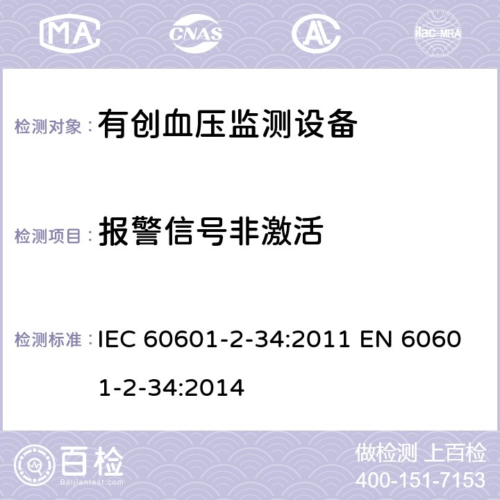 报警信号非激活 医用电气设备 第2-34部分：有创血压监测设备的安全专用要求（包括基本性能) IEC 60601-2-34:2011 EN 60601-2-34:2014 208.6.8