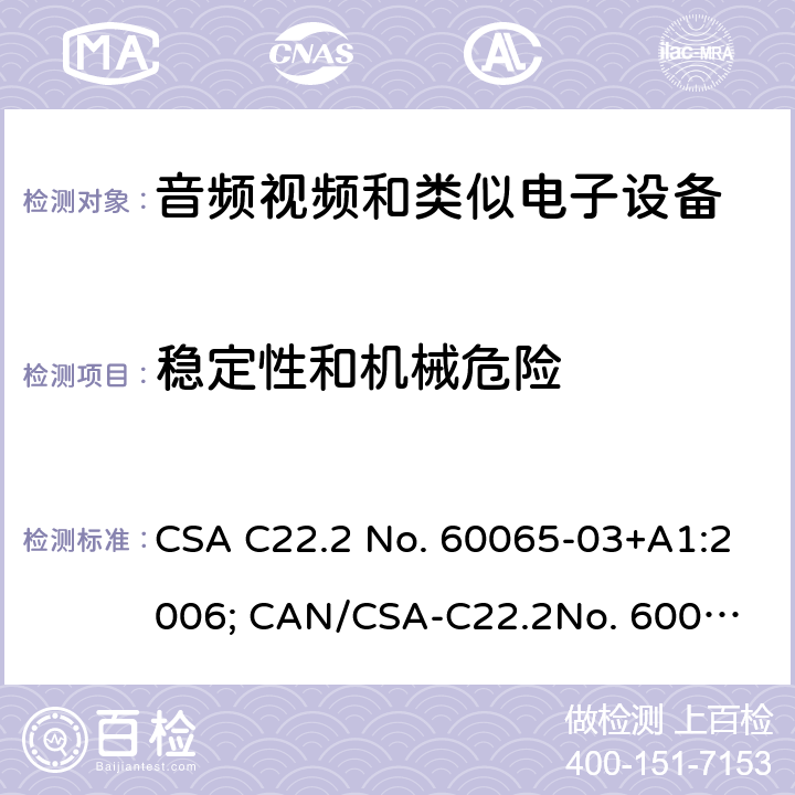 稳定性和机械危险 音频、视频及类似电子设备 安全要求 CSA C22.2 No. 60065-03+A1:2006; CAN/CSA-C22.2
No. 60065: 16 19