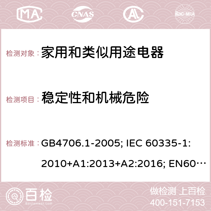 稳定性和机械危险 家用和类似用途电器的安全　第1部分：通用要求 GB4706.1-2005; IEC 60335-1:2010+A1:2013+A2:2016; EN60335-1:2012+A11:2014+A13:2017; AS/NZS 60335.1:2011+A1:2012+A2:2014+A3:2015 20