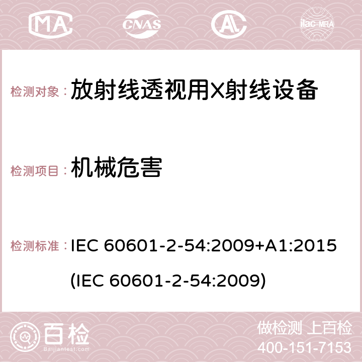 机械危害 医用电子设备 第2-54部分：放射线照相术和放射线透视用X射线设备基本安全性和主要性能的特殊要求 IEC 60601-2-54:2009+A1:2015(IEC 60601-2-54:2009) 201.9