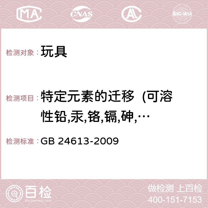 特定元素的迁移  (可溶性铅,汞,铬,镉,砷,硒,锑,钡) 玩具用涂料中有害物质限量 GB 24613-2009 附录B