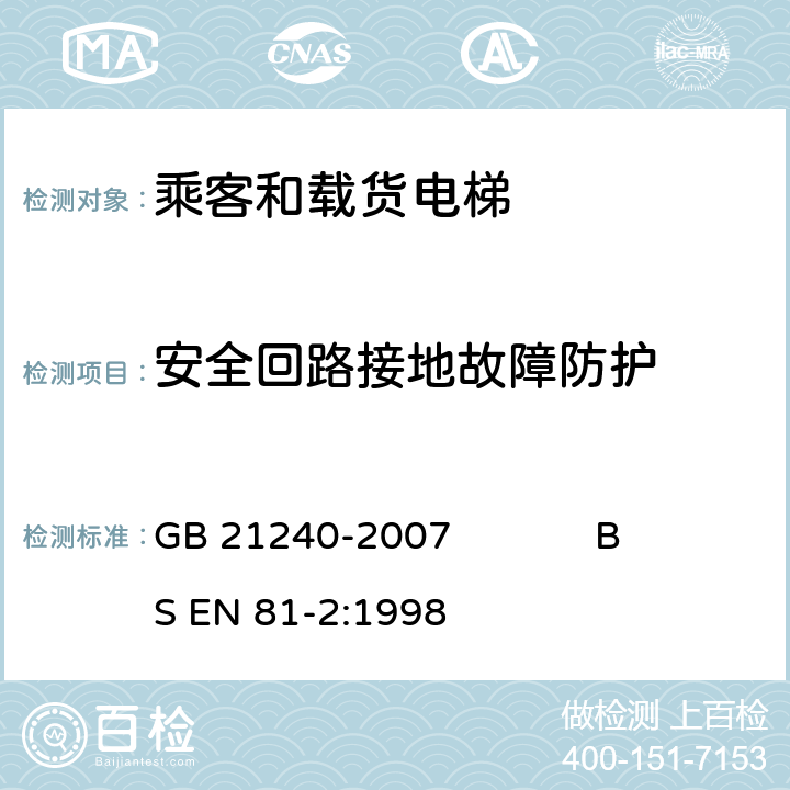 安全回路接地故障防护 液压电梯制造与安装安全规范 GB 21240-2007 BS EN 81-2:1998 14.1.1.3