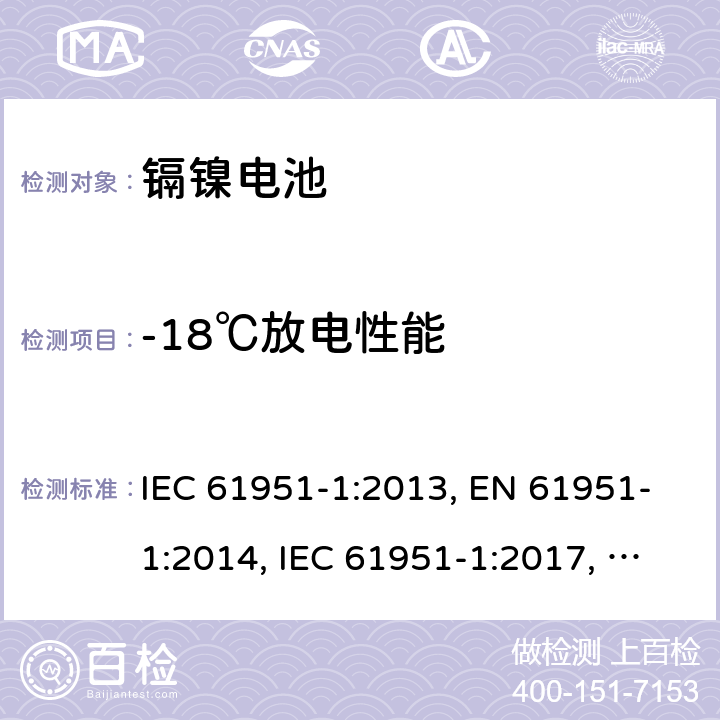 -18℃放電性能 含堿性或其他非酸性電解質的蓄電池和蓄電池組-便攜式密封單體蓄電池- 第1部分：鎳鎘電池 IEC 61951-1:2013, EN 61951-1:2014, IEC 61951-1:2017, EN 61951-1:2017 7.3.3