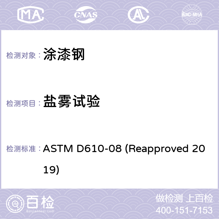 盐雾试验 涂漆钢表面锈蚀程度评价的标准试验方法 ASTM D610-08 (Reapproved 2019)