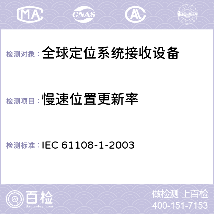 慢速位置更新率 海上导航和无线电通讯设备及系统-全球导航卫星系统（GNSS）-第1部分：全球定位系统（GPS）接收设备性能标准、测试方法和要求的试验结果 IEC 61108-1-2003 5.6.10.1