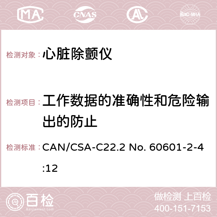 工作数据的准确性和危险输出的防止 医用电气设备 第2-4部分：心脏除颤仪基本性能和基本安全专用要求 CAN/CSA-C22.2 No. 60601-2-4:12 201.12