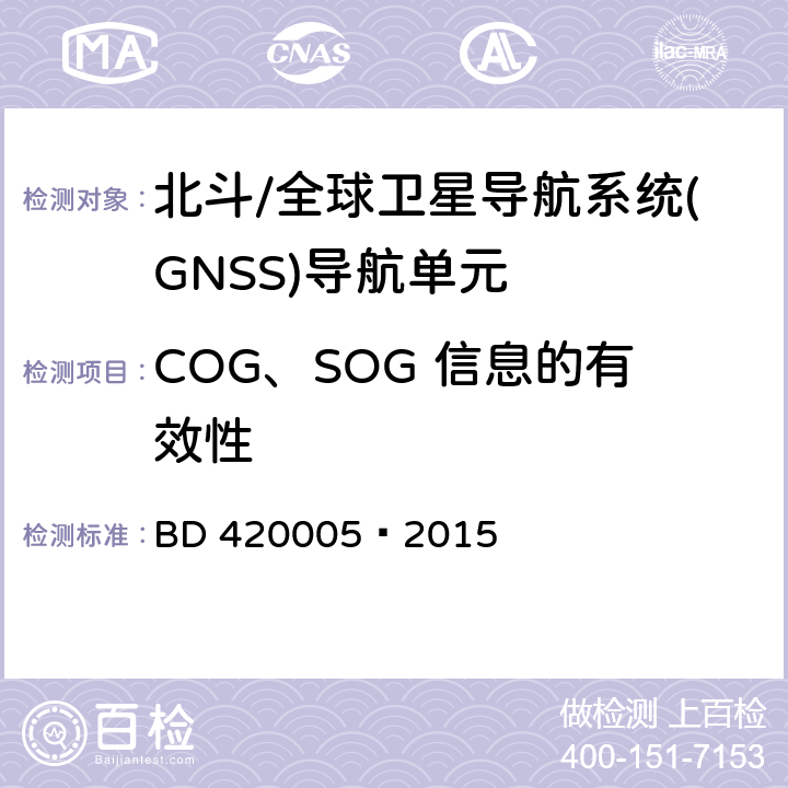 COG、SOG 信息的有效性 20005-2015 北斗/全球卫星导航系统(GNSS)导航单元性能要求及测试方法 BD 420005—2015 5.4.12.1