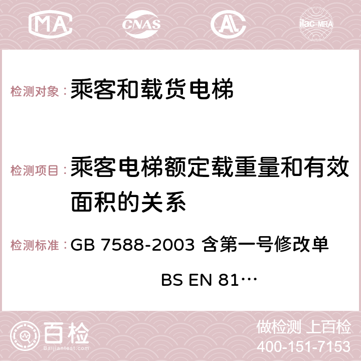 乘客电梯额定载重量和有效面积的关系 电梯制造与安装安全规范 GB 7588-2003 含第一号修改单 BS EN 81-1:1998+A3：2009 8.2.1