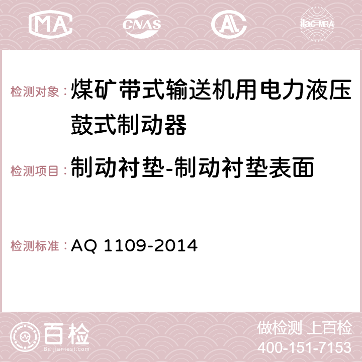 制动衬垫-制动衬垫表面 Q 1109-2014 煤矿带式输送机用电力液压鼓式制动器安全检验规范 A 7.18.3.1/ 7.18.3.2