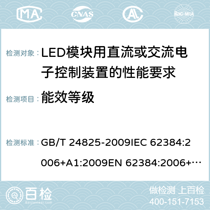 能效等级 LED模块用直流或交流电子控制装置 性能要求 GB/T 24825-2009
IEC 62384:2006+A1:2009
EN 62384:2006+A1:2009 15