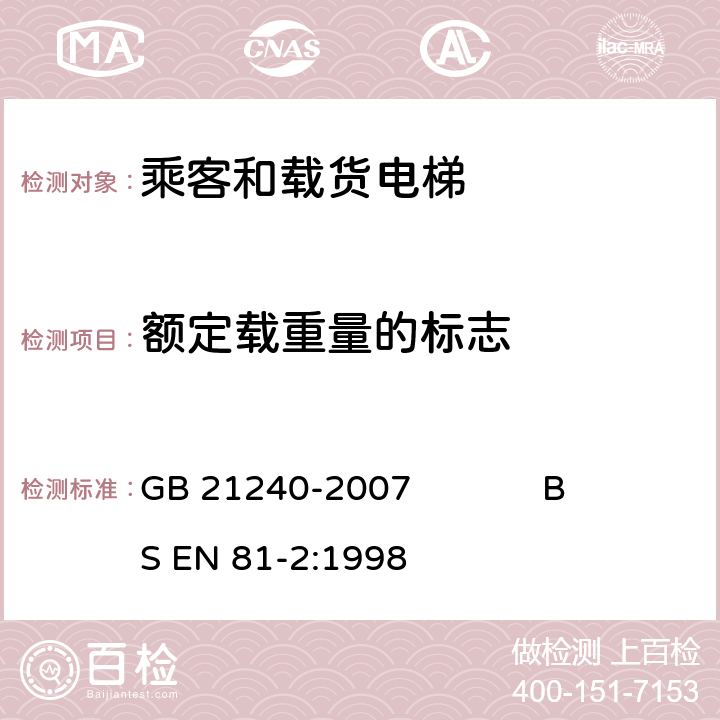 额定载重量的标志 液压电梯制造与安装安全规范 GB 21240-2007 BS EN 81-2:1998 15.5.3