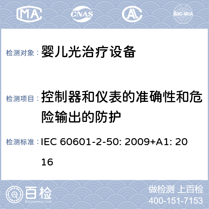 控制器和仪表的准确性和危险输出的防护 医用电气设备 第2-50部分：婴儿光治疗设备的基本性和与基本安全专用要求 IEC 60601-2-50: 2009+A1: 2016 201.12