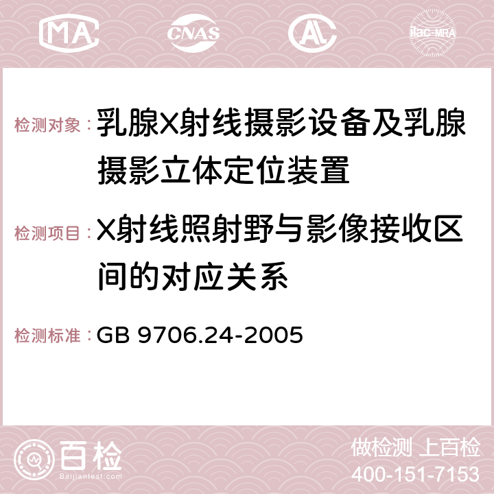 X射线照射野与影像接收区间的对应关系 医用电气设备 第2-45部分：乳腺X射线摄影设备及乳腺摄影立体定位装置 安全专用要求 GB 9706.24-2005 29.203.4