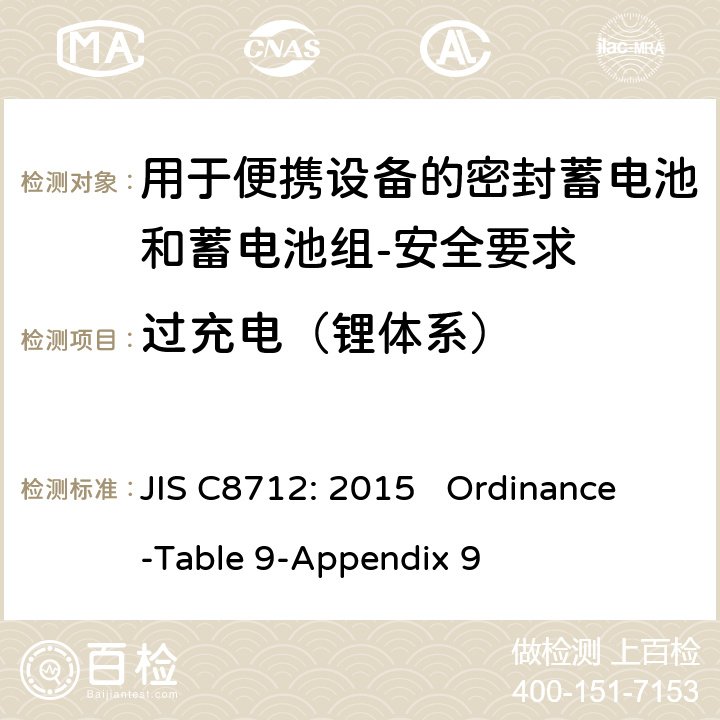 过充电（锂体系） 用于便携设备的密封蓄电池和蓄电池组-安全要求 JIS C8712: 2015 Ordinance-Table 9-Appendix 9 cl 8.3.6A