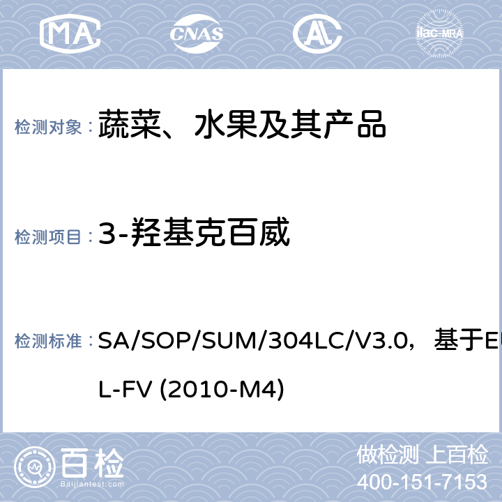 3-羟基克百威 SA/SOP/SUM/304LC/V3.0，基于EURL-FV (2010-M4) 蔬菜、水果中农药多残留的测定 液相色谱串联质谱法 SA/SOP/SUM/304LC/V3.0，基于EURL-FV (2010-M4)