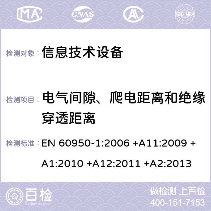 电气间隙、爬电距离和绝缘穿透距离 信息技术设备 安全 第1部分:通用要求 EN 60950-1:2006 +A11:2009 +A1:2010 +A12:2011 +A2:2013 2.10
