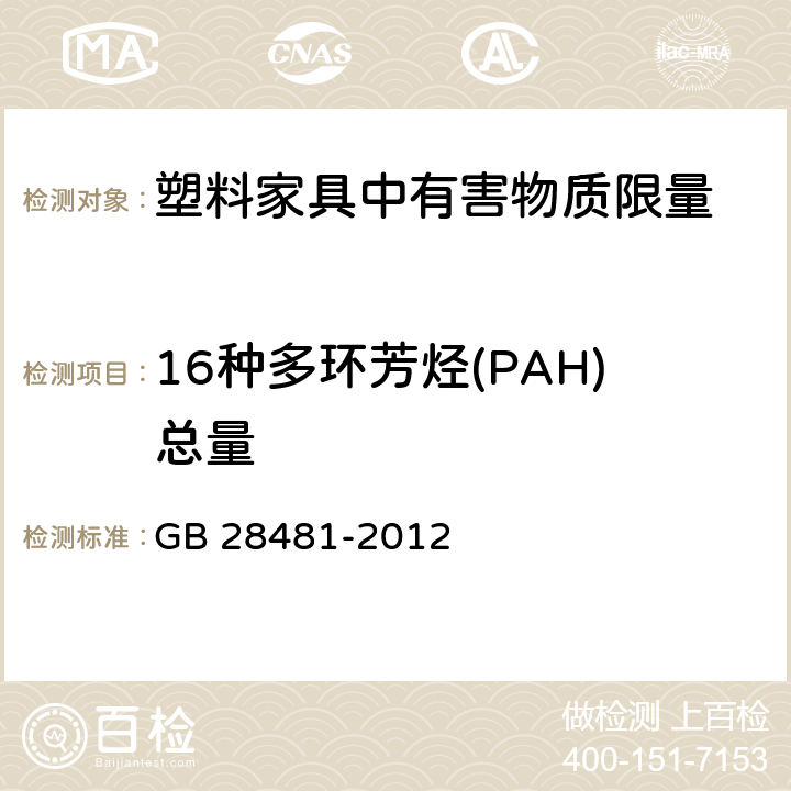 16种多环芳烃(PAH)总量 塑料家具中有害物质限量 GB 28481-2012 4/5.4(SN/T 1877.2-2007)