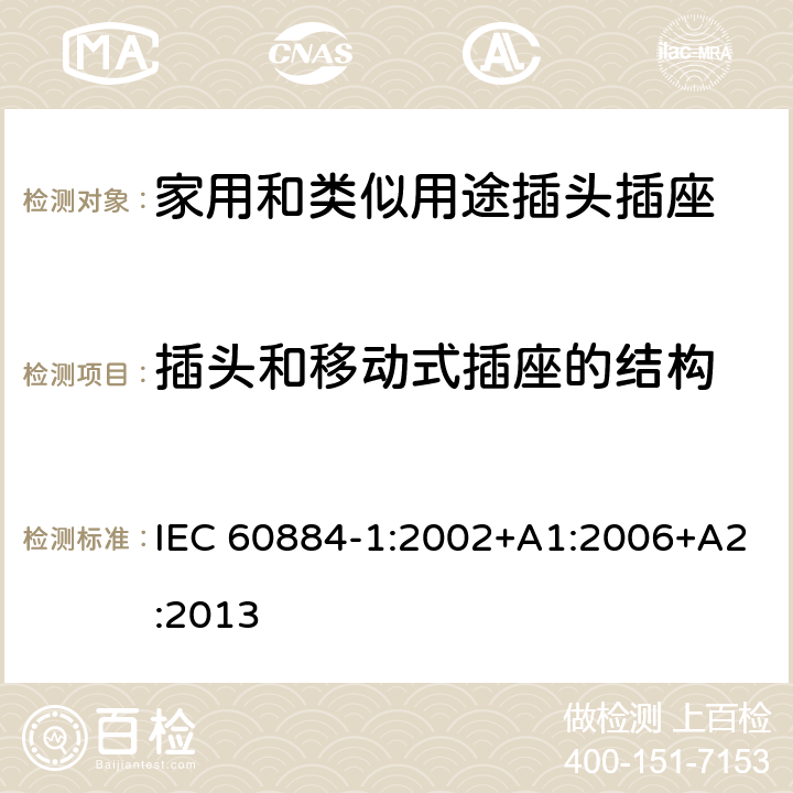 插头和移动式插座的结构 家用和类似用途插头插座 第1部分:通用要求 IEC 60884-1:2002+A1:2006+A2:2013 14