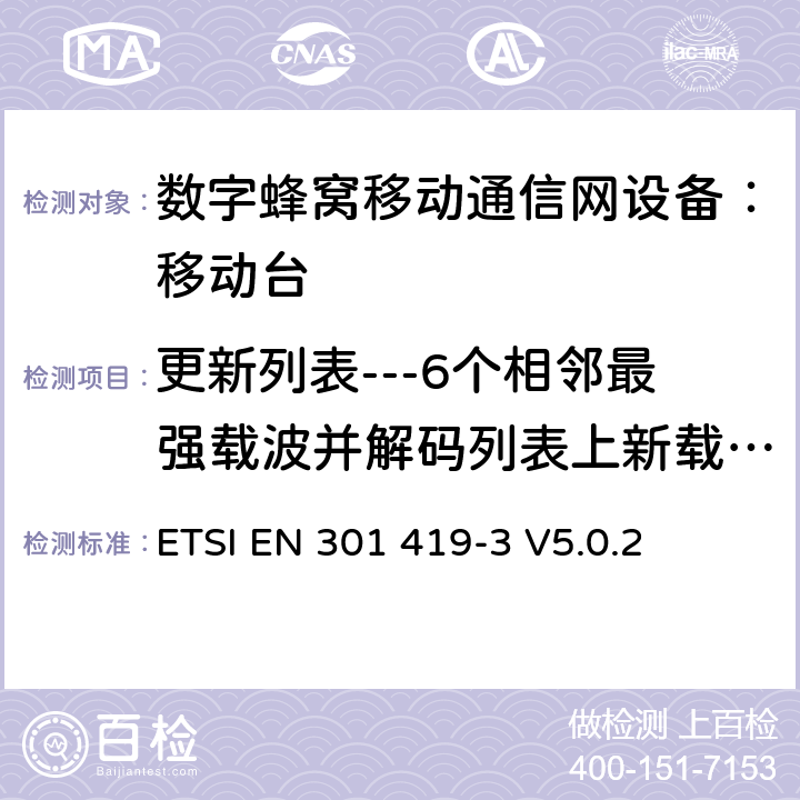 更新列表---6个相邻最强载波并解码列表上新载波的信息 全球移动通信系统(GSM);语言通话项目(GSM-ASCI) 移动台附属要求(GSM 13.68) ETSI EN 301 419-3 V5.0.2 ETSI EN 301 419-3 V5.0.2