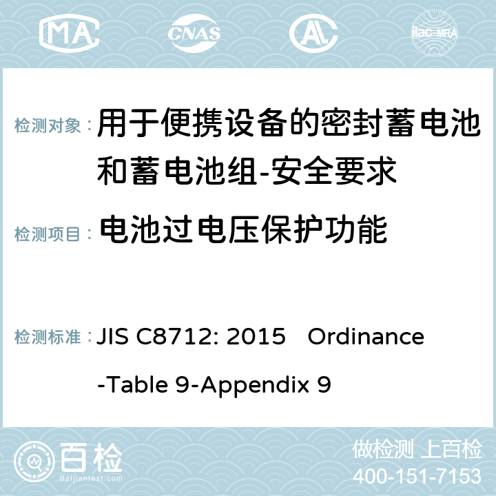电池过电压保护功能 用于便携设备的密封蓄电池和蓄电池组-安全要求 JIS C8712: 2015 Ordinance-Table 9-Appendix 9 cl 8.3.8E