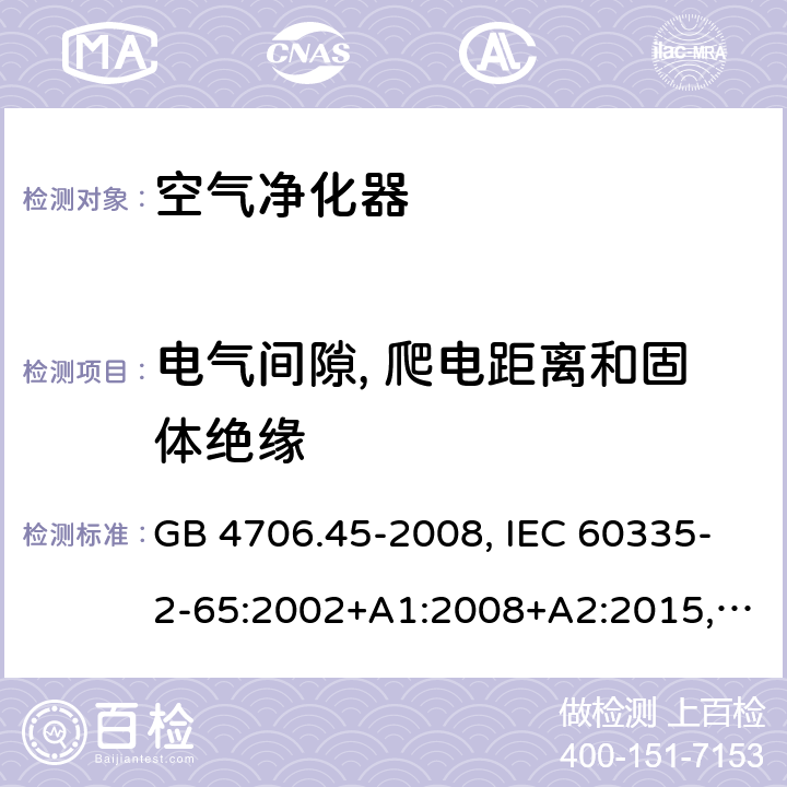 電氣間隙, 爬電距離和固體絕緣 家用和類似用途電器的安全 空氣凈化器的特殊要求 GB 4706.45-2008, IEC 60335-2-65:2002+A1:2008+A2:2015, BS/EN 60335-2-65：2003+A1：2008+A11:2012+A2:2014, AS/NZS 60335.2.65:2015, JIS C 9335-2-65:2021 29