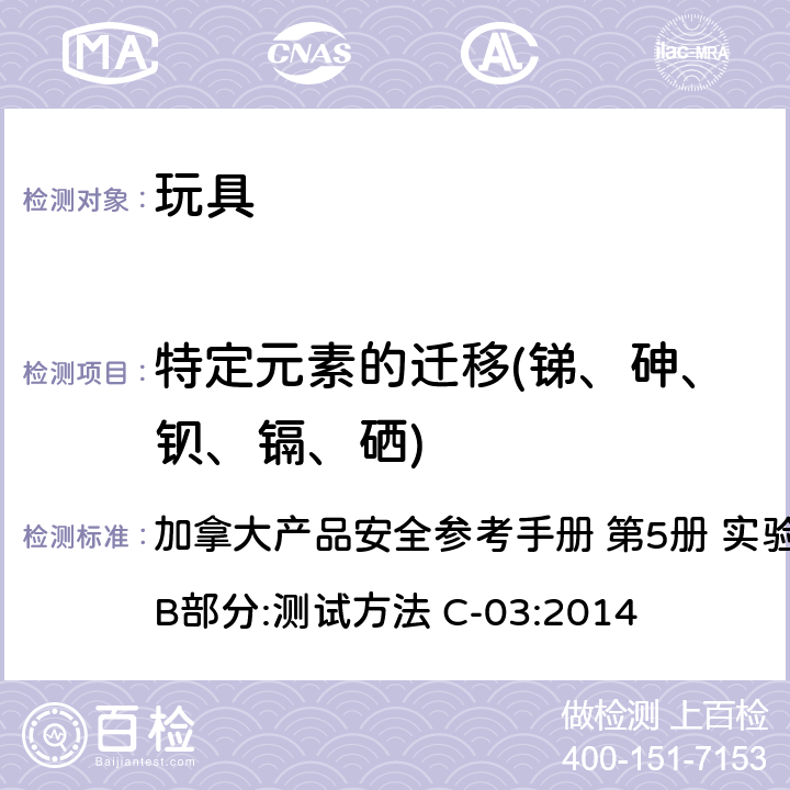 特定元素的迁移(锑、砷、钡、镉、硒) 加拿大产品安全参考手册 第5册 实验室的政策和程序  B部分:测试方法 C-03:2014 加拿大产品安全参考手册 第5册 实验室的政策和程序 B部分:测试方法 C-03:2018 加拿大产品安全参考手册 第5册 实验室的政策和程序 B部分:测试方法 C-03:2014