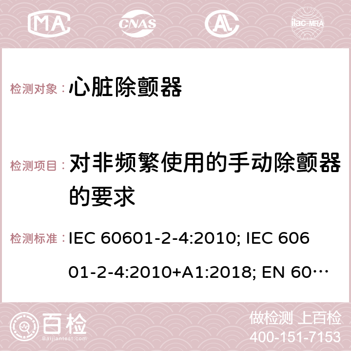 对非频繁使用的手动除颤器的要求 医用电气设备 第2-4部分:心脏除颤器的安全专用要求 IEC 60601-2-4:2010; IEC 60601-2-4:2010+A1:2018; EN 60601-2-4:2011; EN 60601-2-4:2011+A1:2019 201.101.2