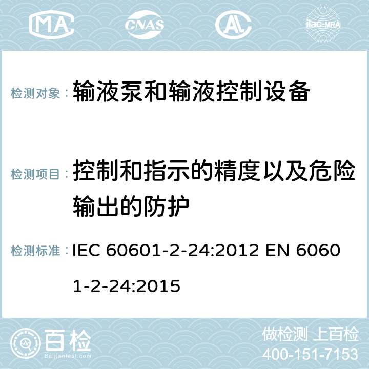 控制和指示的精度以及危险输出的防护 医用电气设备 第2-24部分：输液泵和输液控制器基本安全和基本性能专用要求 IEC 60601-2-24:2012 EN 60601-2-24:2015 201.12