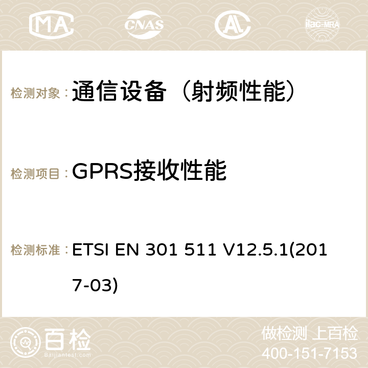 GPRS接收性能 全球无线通信系统(GSM)；移动台设备；包括2014/53/EU指令第3.2条款基本要求的协调标准 ETSI EN 301 511 V12.5.1(2017-03)