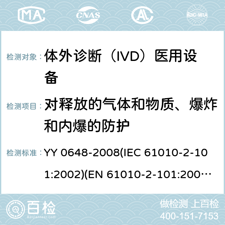 对释放的气体和物质、爆炸和内爆的防护 测量、控制和实验室用电气设备的安全要求 第2-101部分：体外诊断（IVD）医用设备的专用要求 YY 0648-2008(IEC 61010-2-101:2002)(EN 61010-2-101:2002) 13