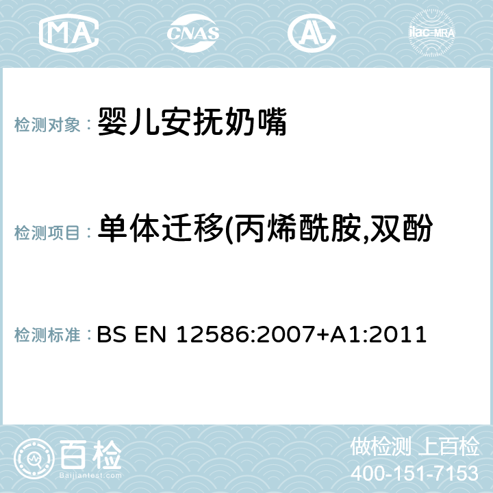 单体迁移(丙烯酰胺,双酚A,甲醛,苯酚,苯乙烯) BS EN 12586:2007 儿童使用和护理用品 - 安抚奶嘴持有人的安全要求和测试方法 +A1:2011 5.3.10,6.2.6