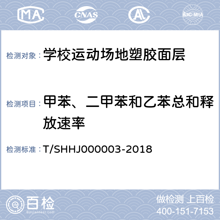 甲苯、二甲苯和乙苯总和释放速率 《学校运动场地合成材料面层有害物质限量》 T/SHHJ000003-2018 （附录C）