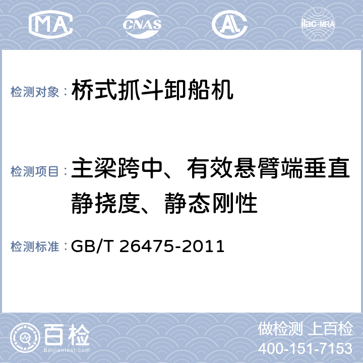 主梁跨中、有效悬臂端垂直静挠度、静态刚性 桥式抓斗卸船机 GB/T 26475-2011 6.3.3