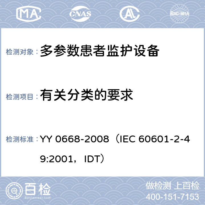 有关分类的要求 《医用电气设备 第2部分：多参数患者监护设备安全专用要求》 YY 0668-2008
（IEC 60601-2-49:2001，IDT） 14